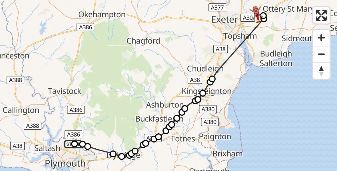 Flight route Air Ambulance Helicopter Plymouth City Airport - Exeter International Airport, 20 May 2026, 14:08