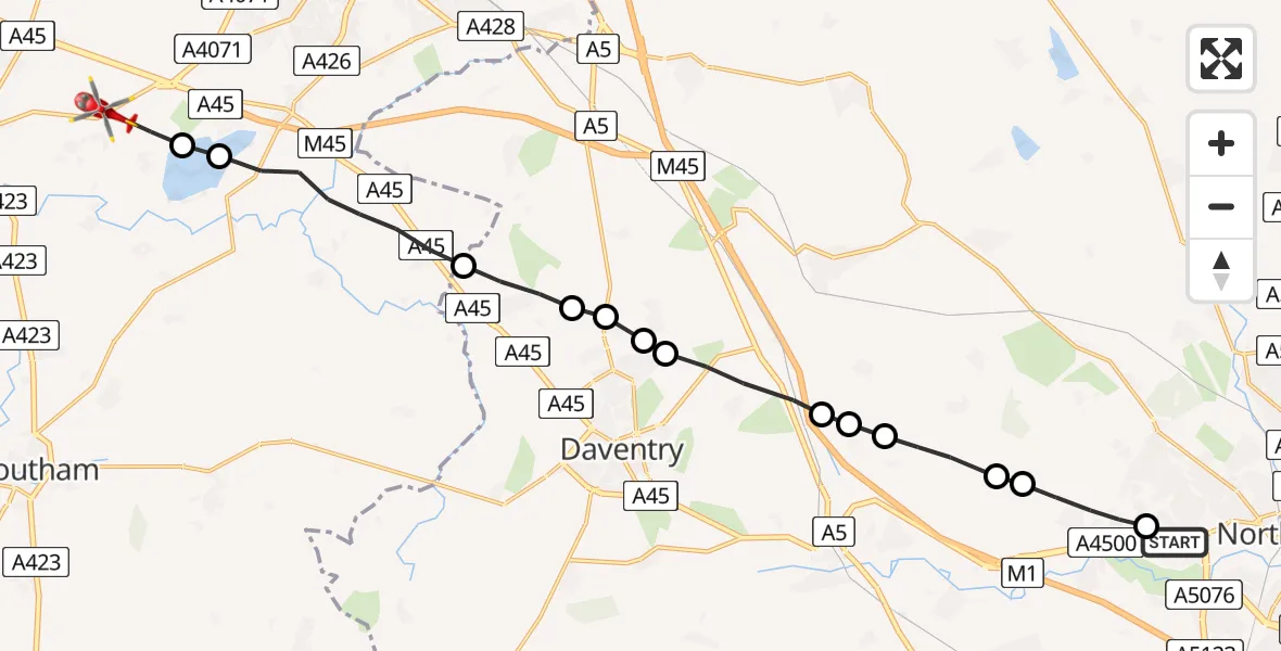 Flight route Air Ambulance Helicopter Upton - Rugby, 20 May 2026, 14:13