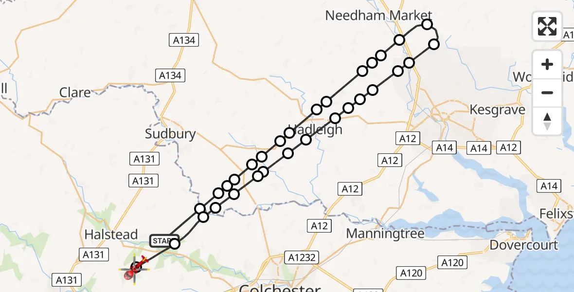Flight route Air Ambulance Helicopter Braintree - Earls Colne Airfield, 20 May 2026, 14:26