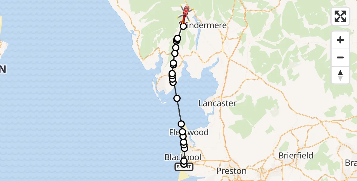 Flight route Air Ambulance Helicopter Blackpool Airport - Little Langdale, 20 May 2026, 14:28