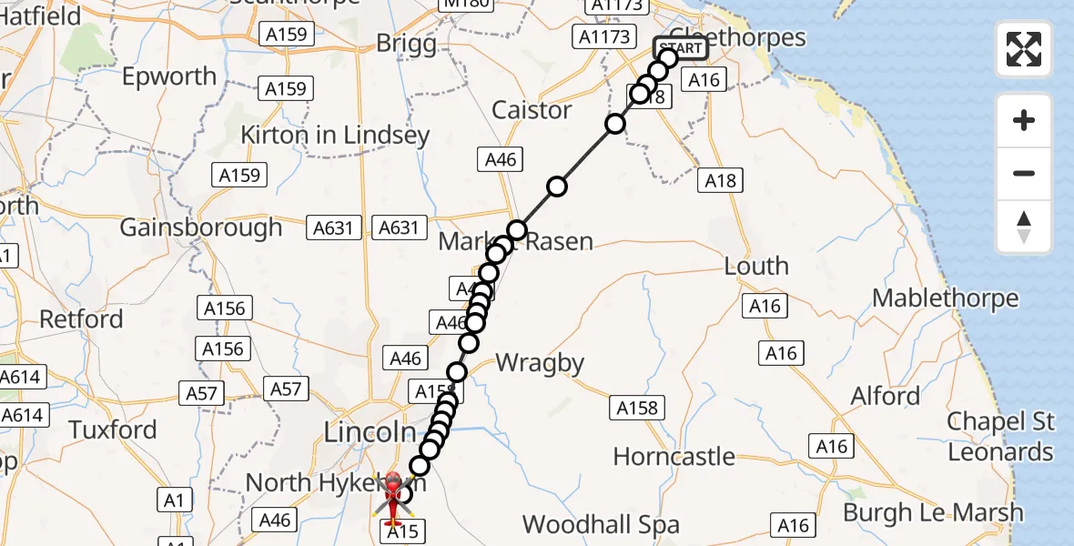 Flight route Air Ambulance Helicopter Grimsby - North Kesteven, 20 May 2026, 14:47
