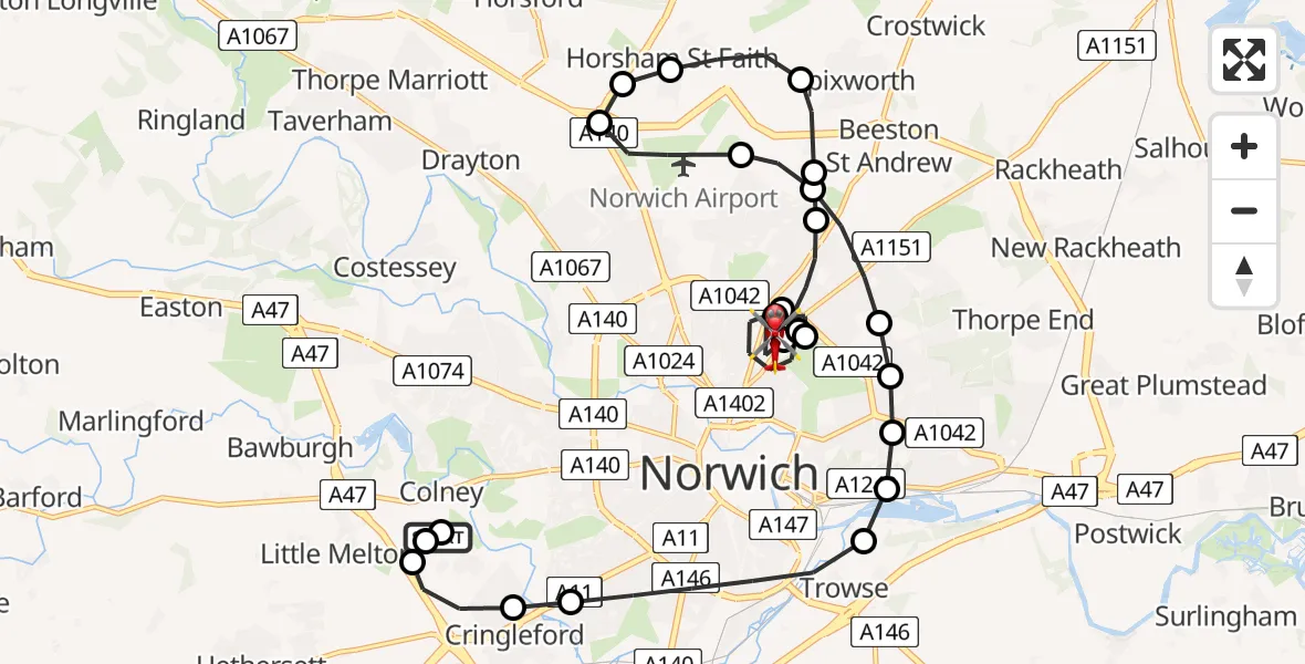 Flight route Air Ambulance Helicopter Norfolk & Norwich Hospital - Norwich, 20 May 2026, 14:50