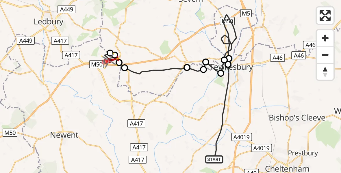 Flight route Air Ambulance Helicopter Tewkesbury - Forest of Dean, 20 May 2026, 14:58