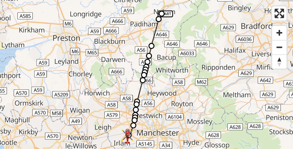 Flight route Air Ambulance Helicopter Nelson - Manchester Barton Aerodrome, 20 May 2026, 15:09
