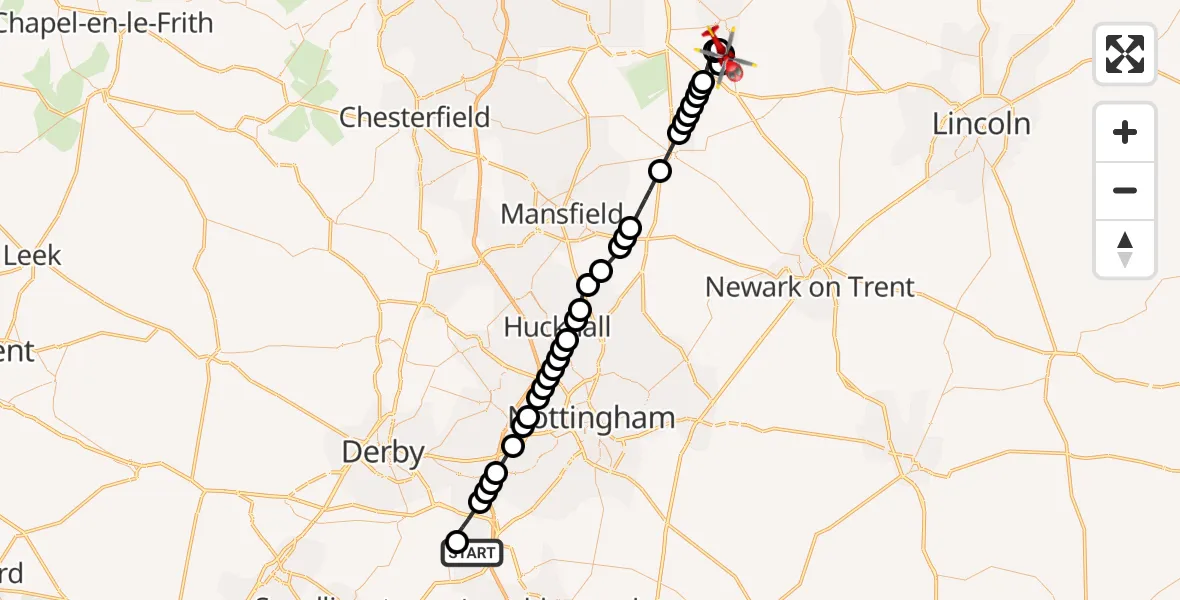 Flight route Air Ambulance Helicopter East Midlands Airport - Eaton, 20 May 2026, 15:16