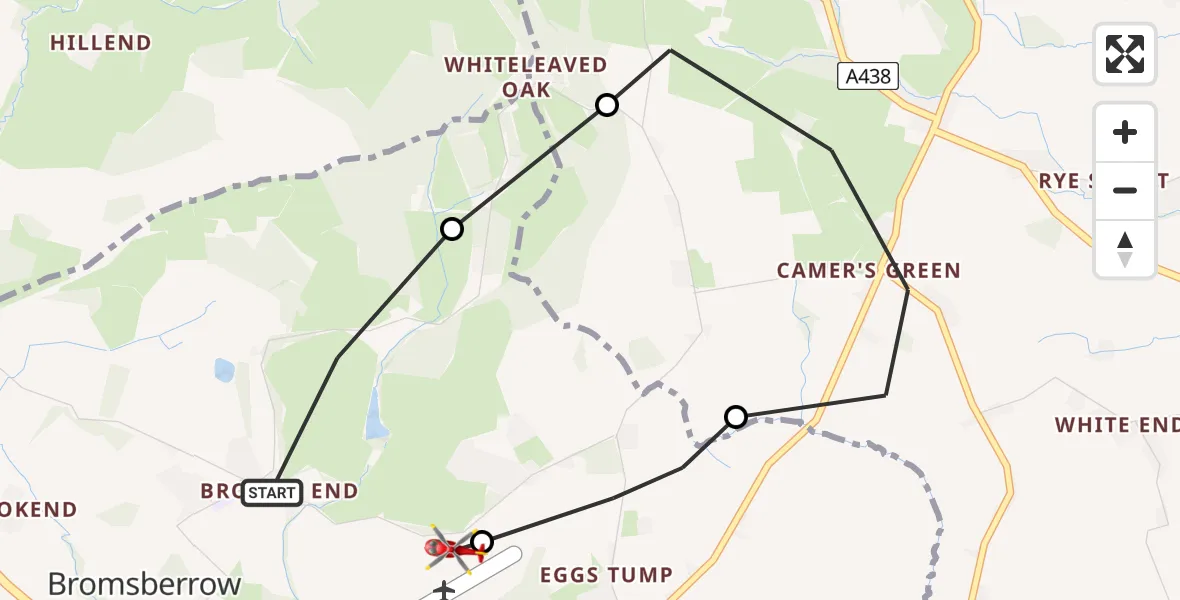 Flight route Air Ambulance Helicopter Bromsberrow - Berrow Airstrip, 20 May 2026, 15:19