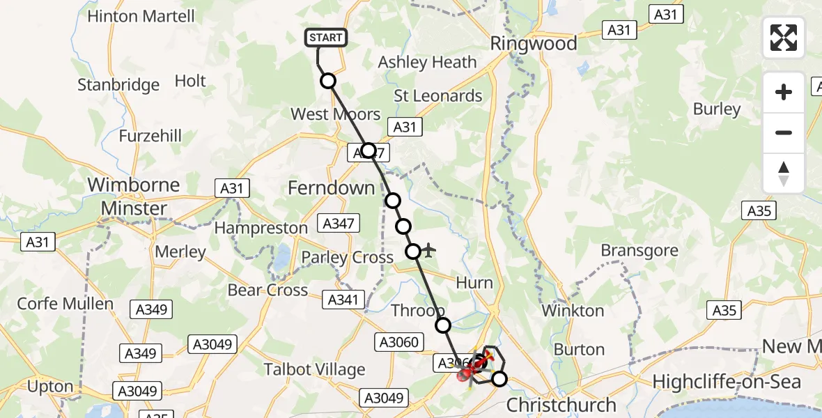 Flight route Air Ambulance Helicopter Three Legged Cross - Royal Bournemouth Hospital, 20 May 2026, 15:23