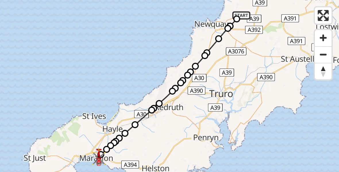 Flight route Air Ambulance Helicopter Cornwall Airport Newquay - Marazion, 20 May 2026, 15:27