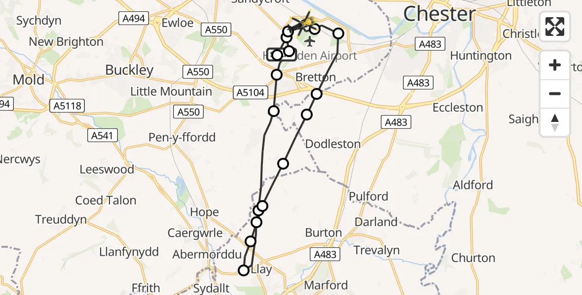 Flight route Police Helicopter Hawarden Airport - Hawarden Airport, 20 May 2026, 15:29