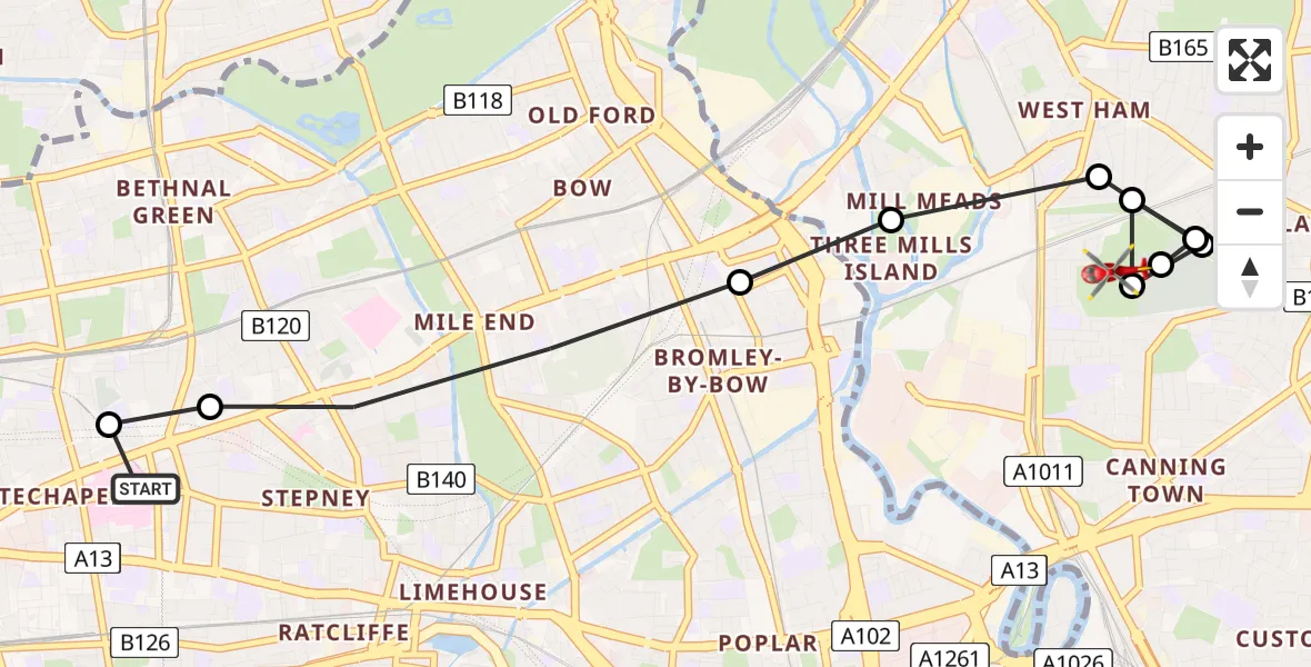 Flight route Air Ambulance Helicopter Royal London Hospital - West Ham, 20 May 2026, 15:30
