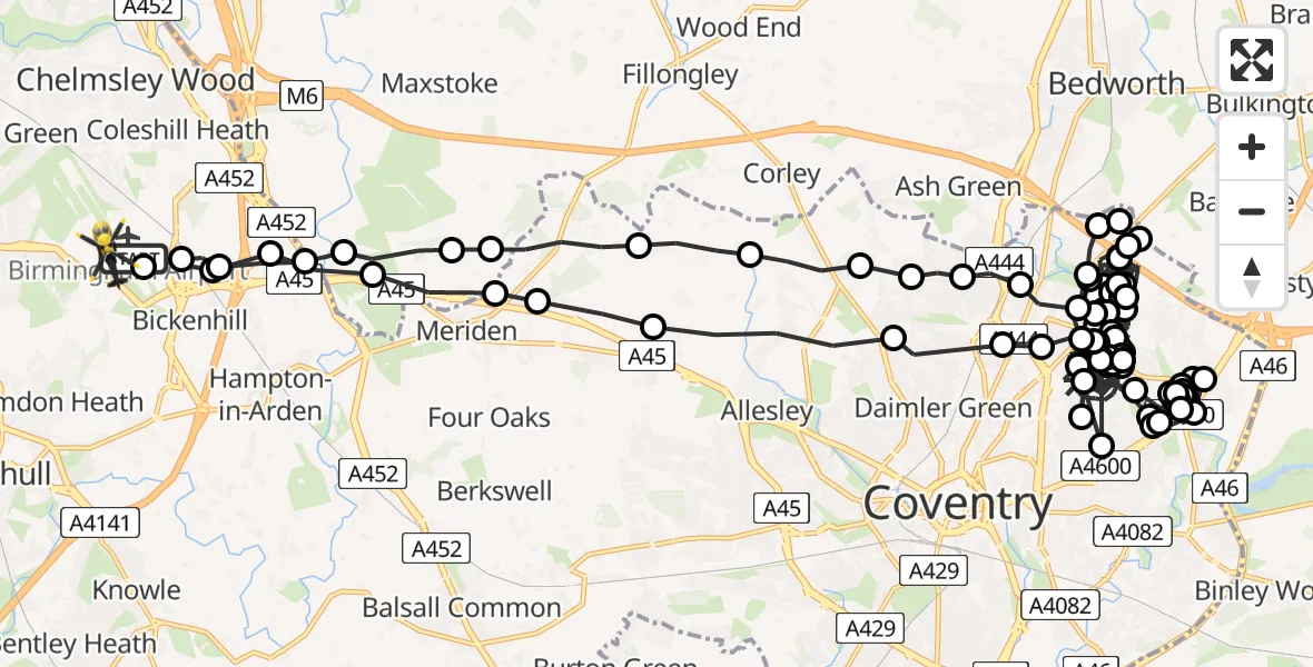 Flight route Police Helicopter Birmingham Airport - Birmingham Airport, 20 May 2026, 15:31