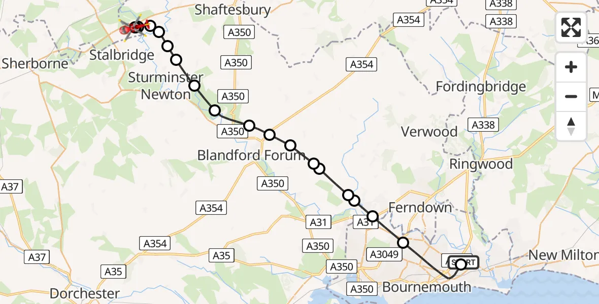 Flight route Air Ambulance Helicopter Royal Bournemouth Hospital - Henstridge Airfield, 20 May 2026, 15:32
