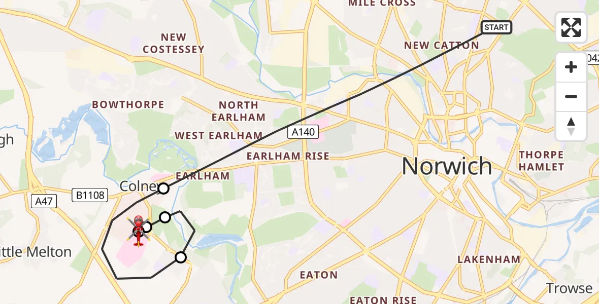 Flight route Air Ambulance Helicopter Norwich - Norfolk & Norwich Hospital, 20 May 2026, 15:44