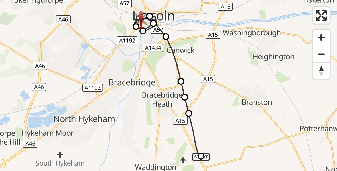 Flight route Air Ambulance Helicopter RAF Waddington - Lincoln, 20 May 2026, 16:01
