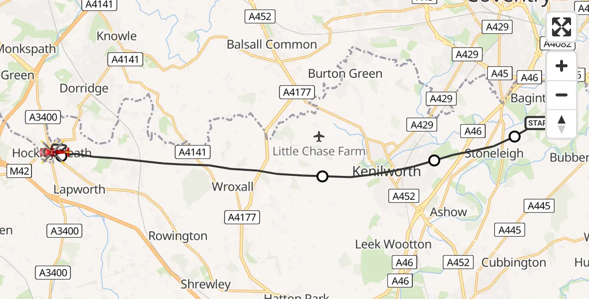Flight route Air Ambulance Helicopter Coventry Airport - Solihull, 20 May 2026, 16:03