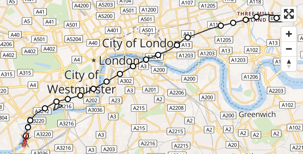 Flight route Air Ambulance Helicopter West Ham - Salisbury House, 20 May 2026, 16:09