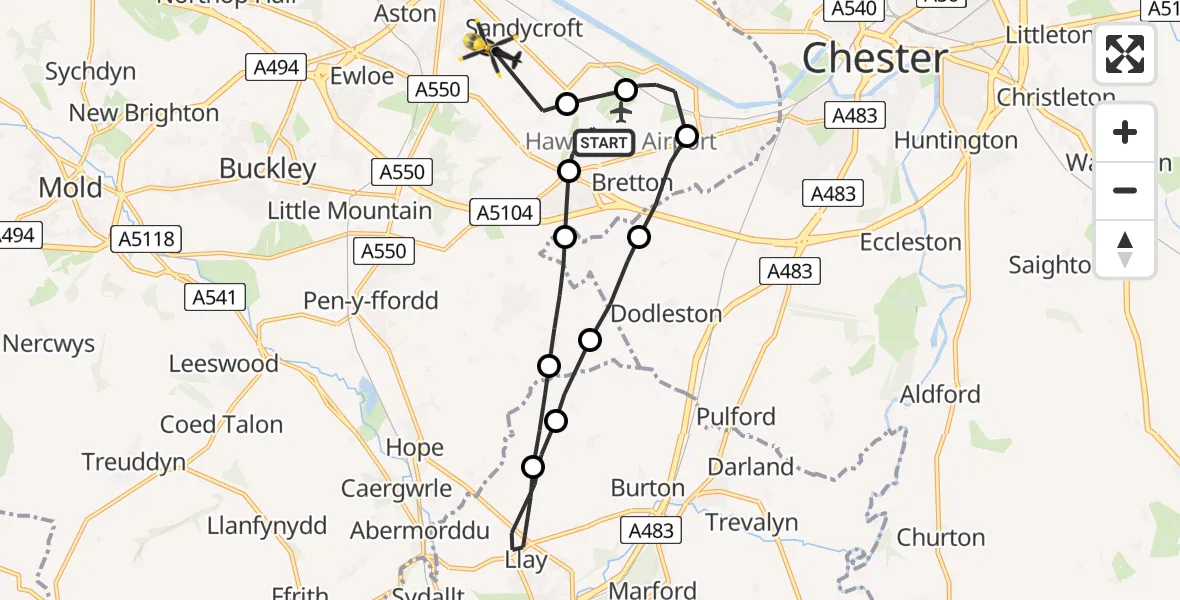 Flight route Police Helicopter Hawarden Airport - Mancot, 20 May 2026, 16:19