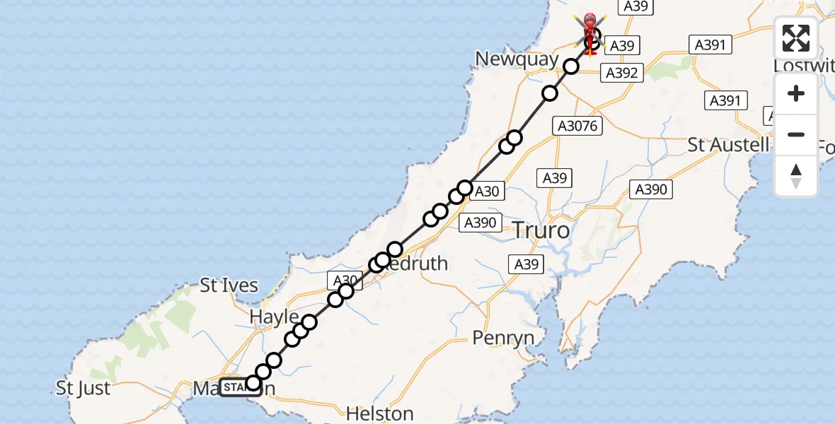 Flight route Air Ambulance Helicopter Marazion - Cornwall Airport Newquay, 20 May 2026, 16:28