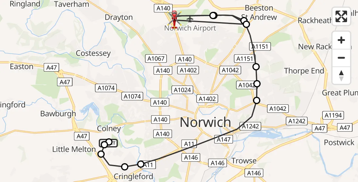 Flight route Air Ambulance Helicopter Norfolk & Norwich Hospital - Norwich Airport, 20 May 2026, 16:28