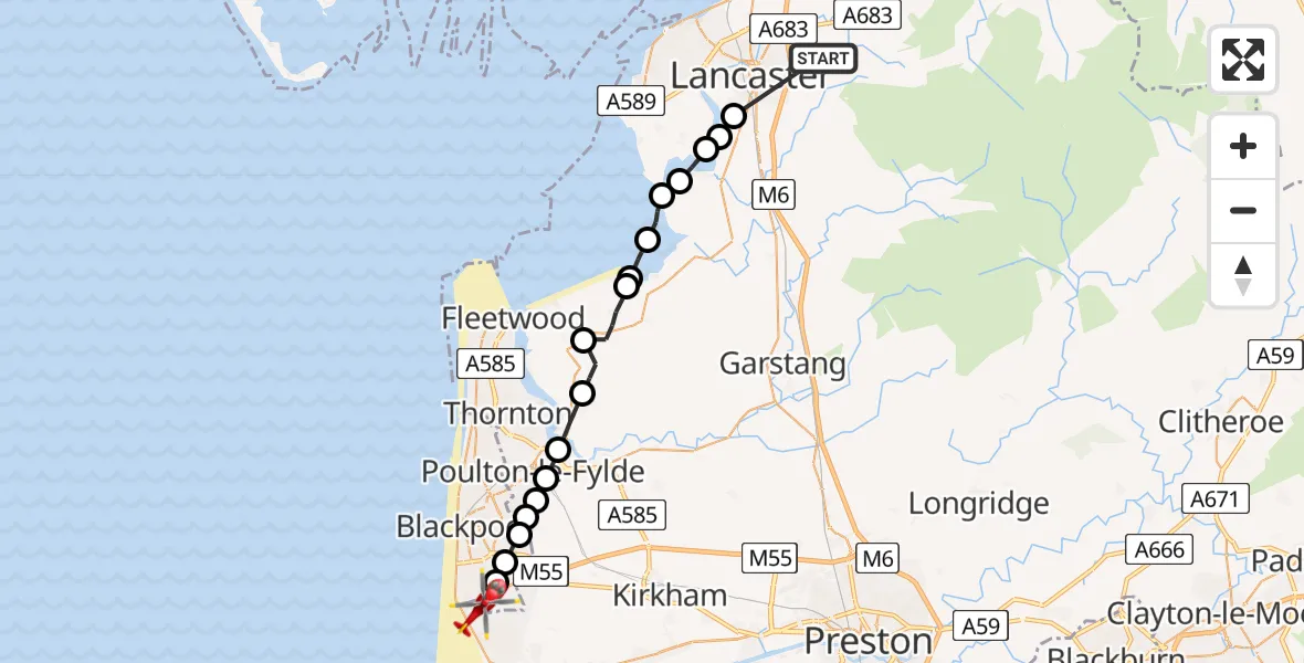 Flight route Air Ambulance Helicopter Quernmore - Blackpool Airport, 20 May 2026, 16:34