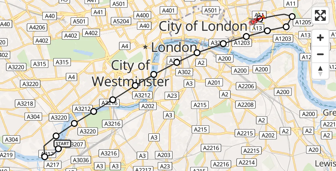 Flight route Air Ambulance Helicopter London Heliport - Royal London Hospital, 20 May 2026, 16:41