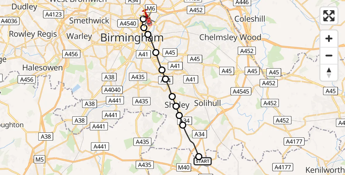 Flight route Air Ambulance Helicopter Solihull - Aston, 20 May 2026, 16:57
