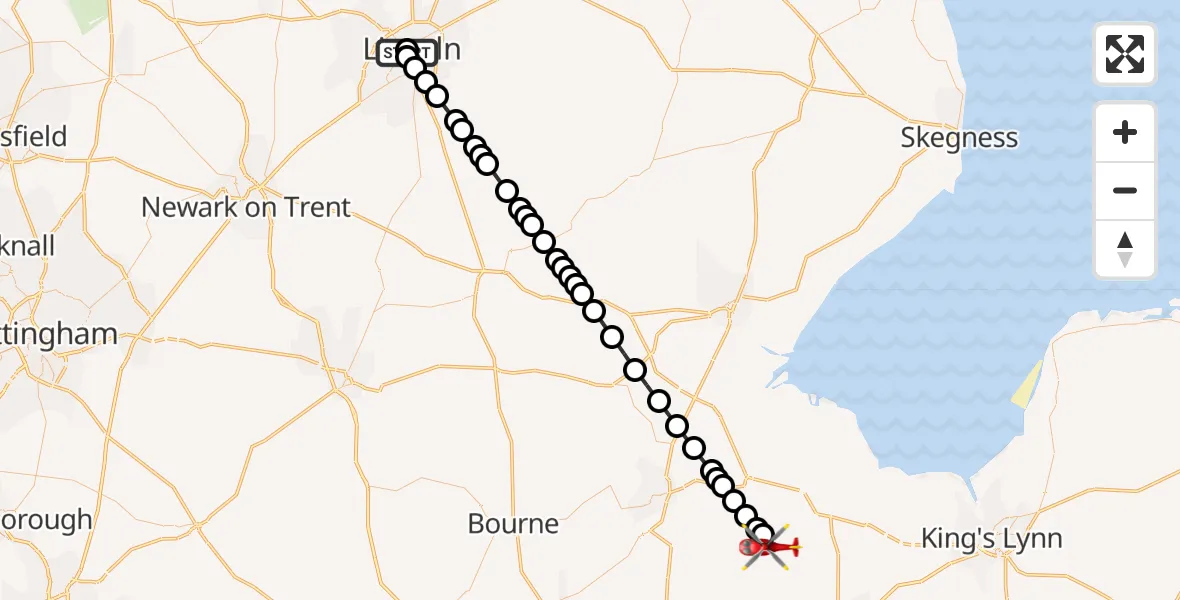 Flight route Air Ambulance Helicopter Bracebridge - South Holland, 20 May 2026, 17:06