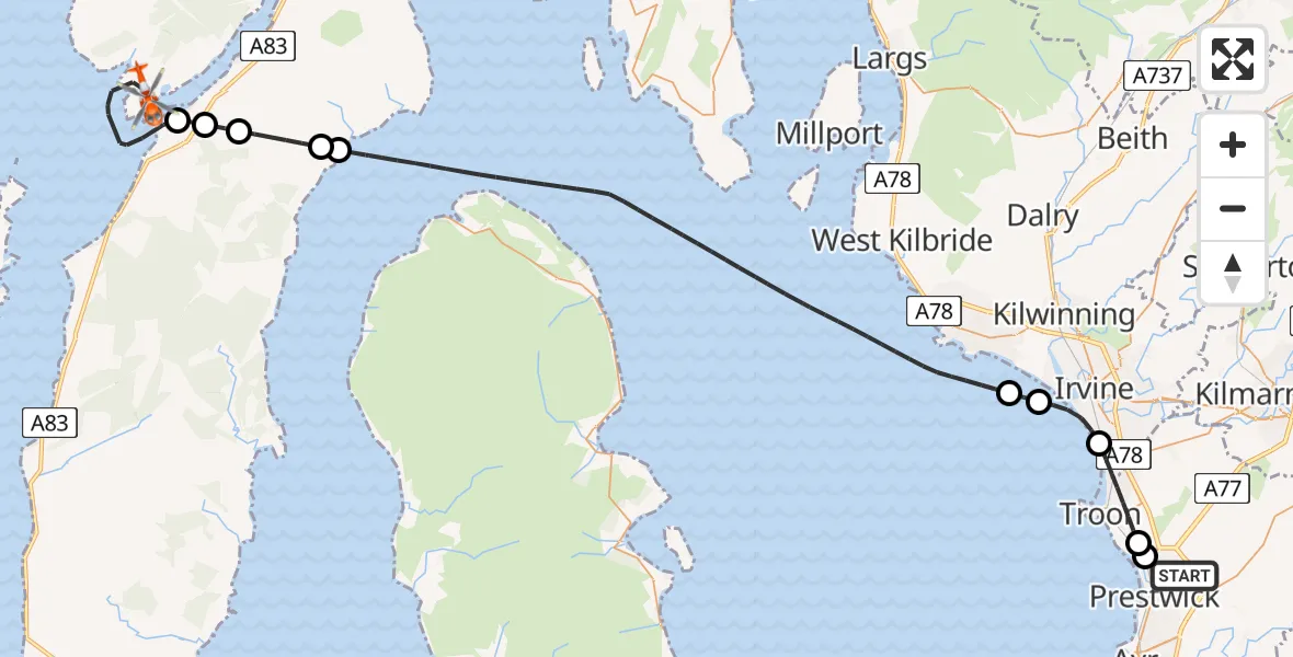 Flight route Coastguard Helicopter Glasgow Prestwick Airport - Inner Seas, 20 May 2026, 17:14
