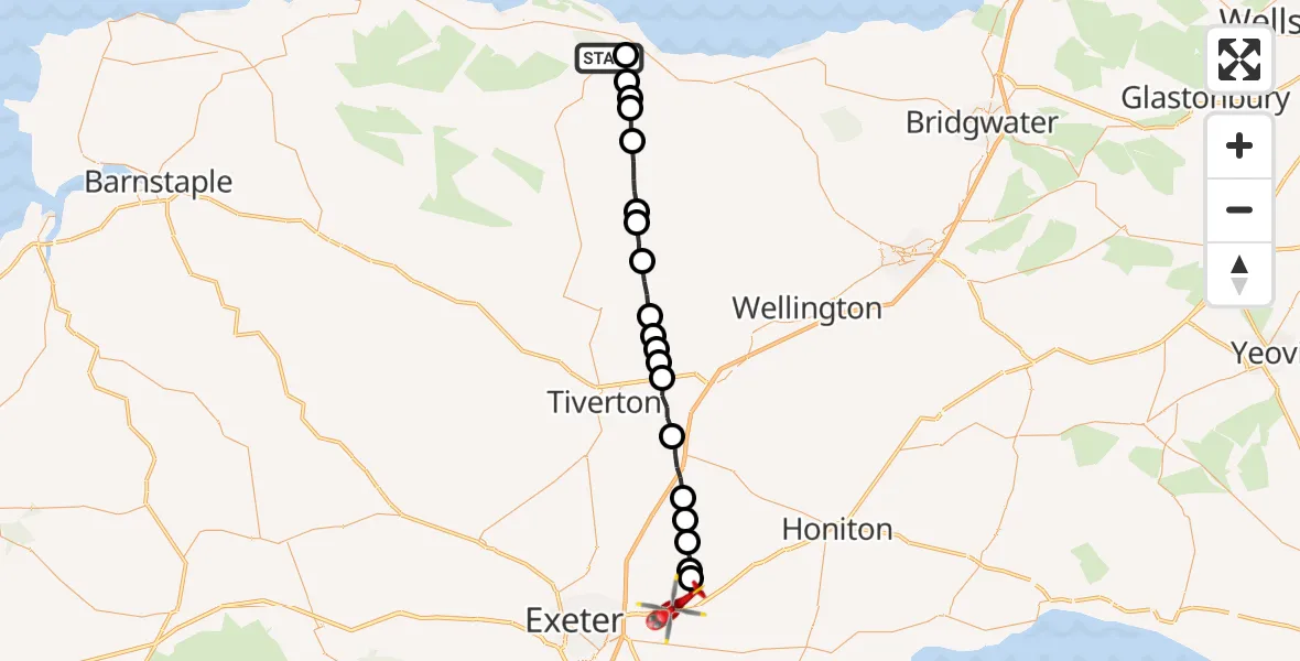 Flight route Air Ambulance Helicopter Minehead - Rockbeare, 20 May 2026, 17:20