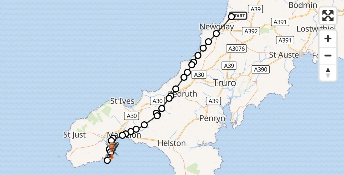 Flight route Coastguard Helicopter Cornwall Airport Newquay - English Channel, 20 May 2026, 17:24