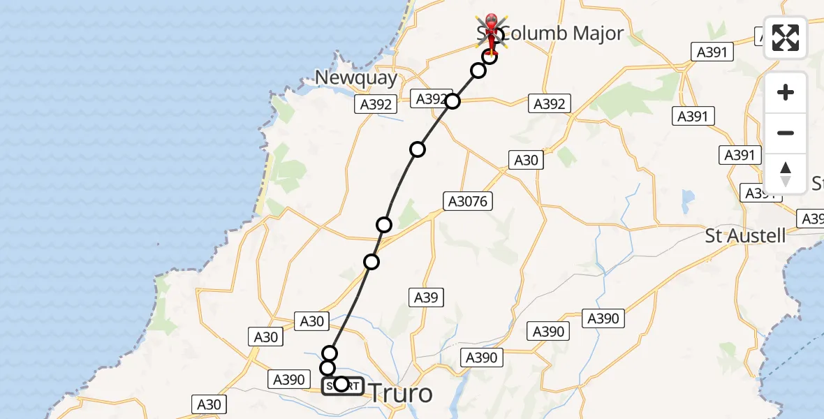 Flight route Air Ambulance Helicopter Treliske Hospital - Cornwall Airport Newquay, 20 May 2026, 17:37