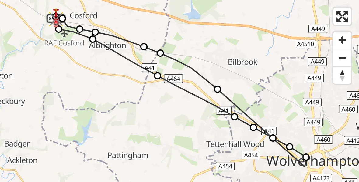 Flight route Air Ambulance Helicopter RAF Cosford - Tong, 20 May 2026, 17:46