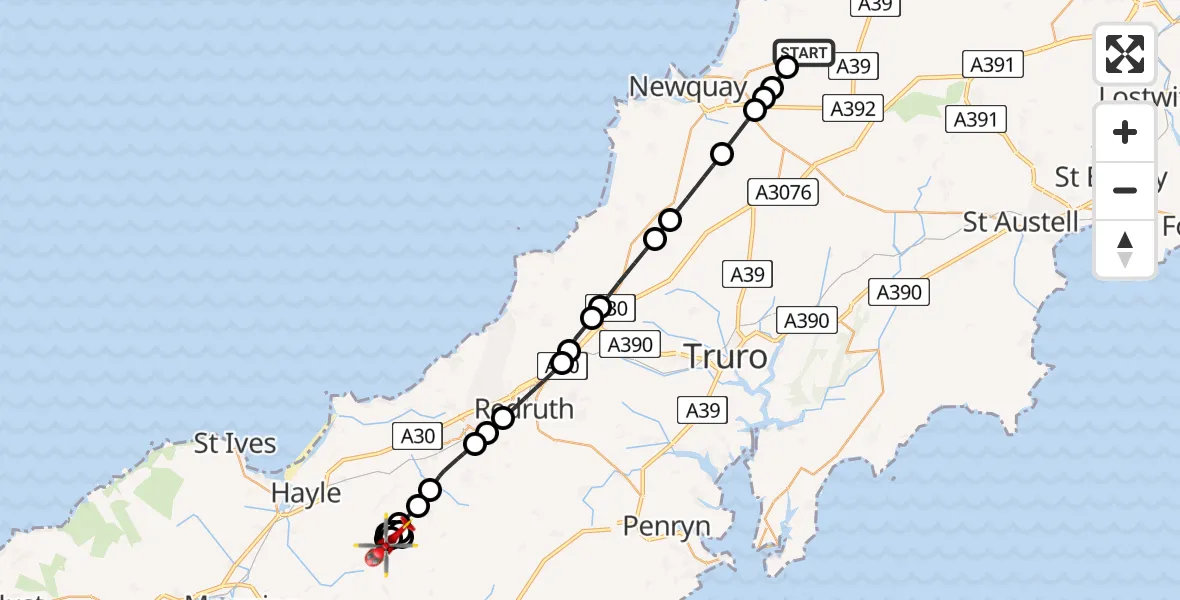 Flight route Air Ambulance Helicopter Cornwall Airport Newquay - Leedstown, 20 May 2026, 17:54