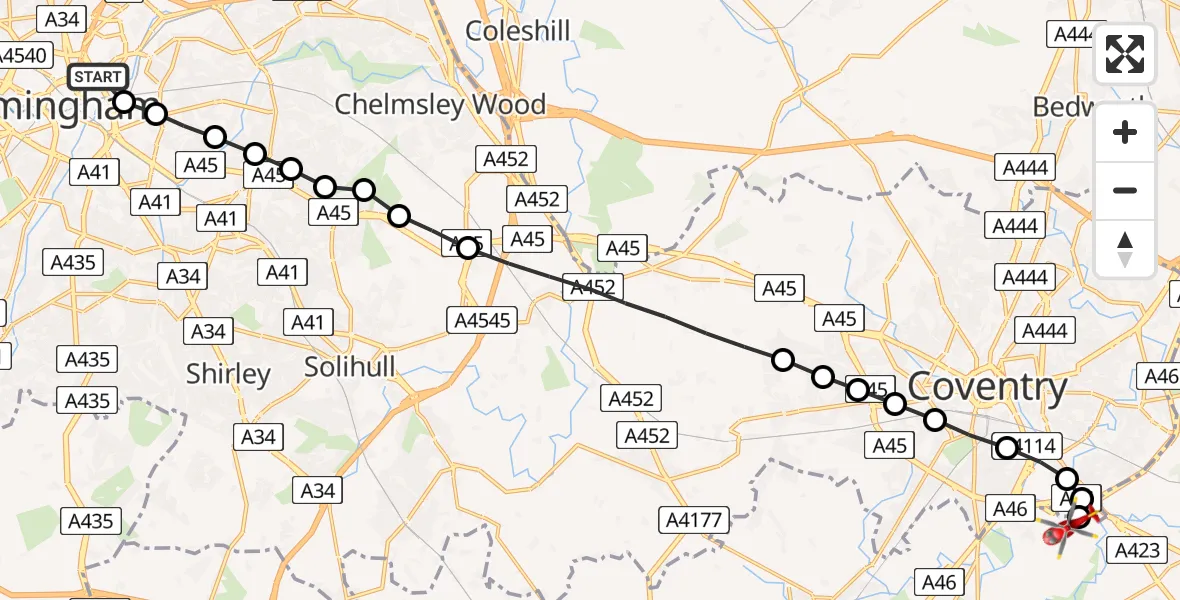 Flight route Air Ambulance Helicopter Saltley - Coventry Airport, 20 May 2026, 17:59