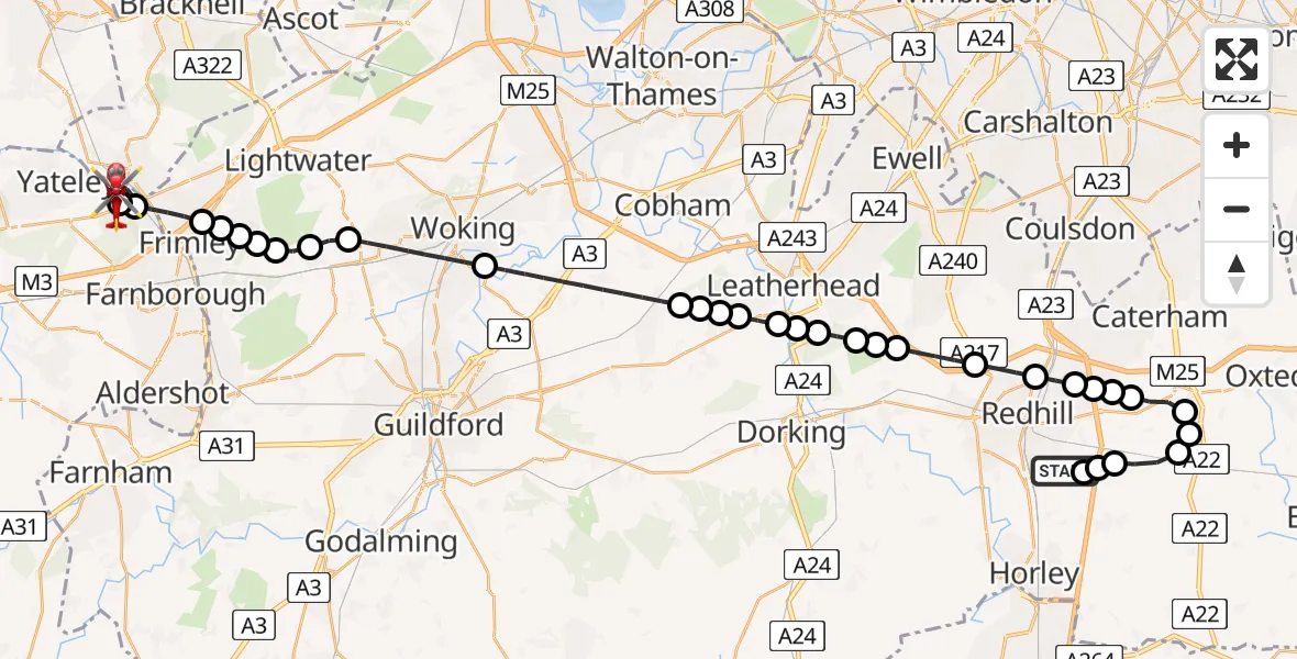Flight route Air Ambulance Helicopter Redhill Aerodrome - Frogmore, 20 May 2026, 18:12
