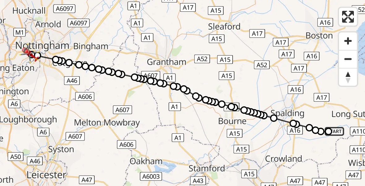 Flight route Air Ambulance Helicopter South Holland - Beeston, 20 May 2026, 18:16