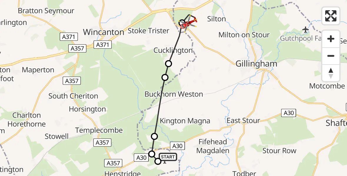 Flight route Air Ambulance Helicopter Henstridge Airfield - Milton on Stour, 20 May 2026, 18:30