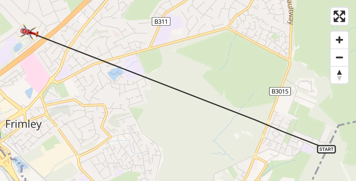 Flight route Air Ambulance Helicopter Deepcut - Camberley, 20 May 2026, 18:33
