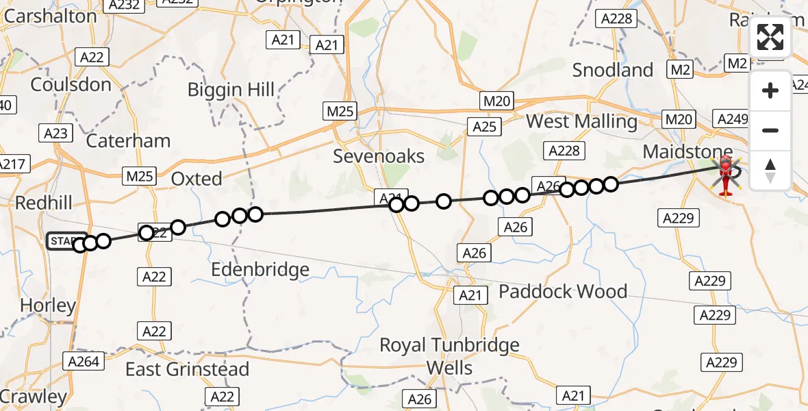 Flight route Air Ambulance Helicopter Redhill Aerodrome - Maidstone, 20 May 2026, 18:37