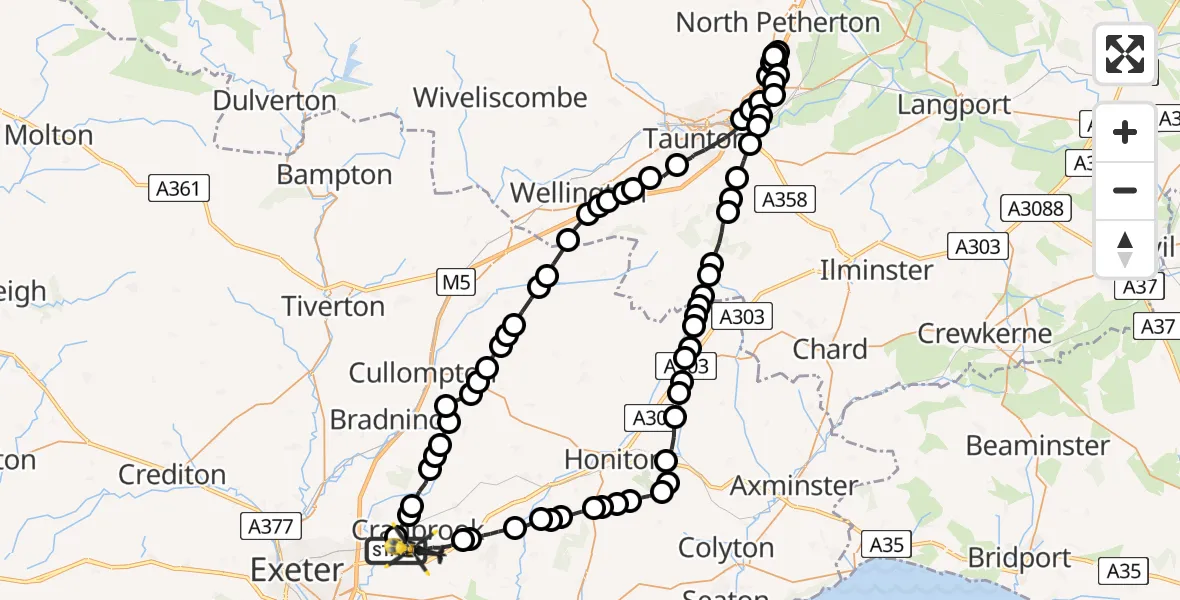 Flight route Police Helicopter Exeter International Airport - Rockbeare, 20 May 2026, 18:39