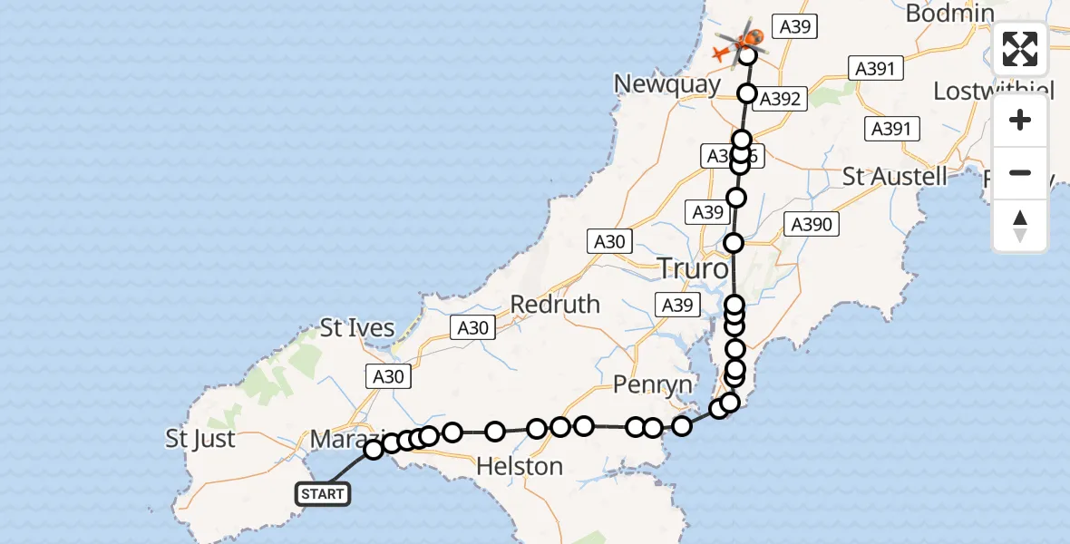 Flight route Coastguard Helicopter English Channel - Cornwall Airport Newquay, 20 May 2026, 18:42