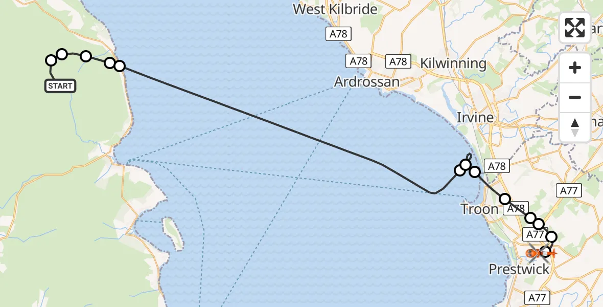 Flight route Coastguard Helicopter Portcullis Buttress - Glasgow Prestwick Airport, 20 May 2026, 18:49