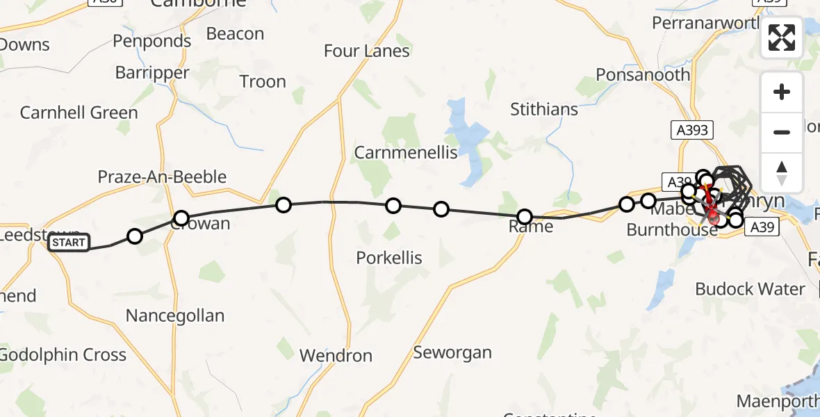 Flight route Air Ambulance Helicopter Leedstown - Quethiock, 20 May 2026, 18:50