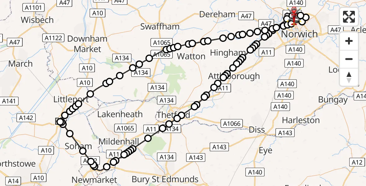 Flight route Air Ambulance Helicopter Norwich Airport - Norwich Airport, 20 May 2026, 18:55