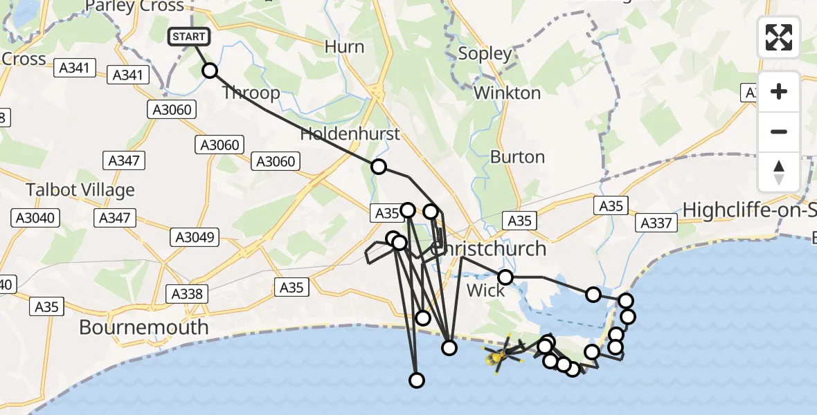 Flight route Police Helicopter Parley Cross - Bournemouth, 20 May 2026, 18:54