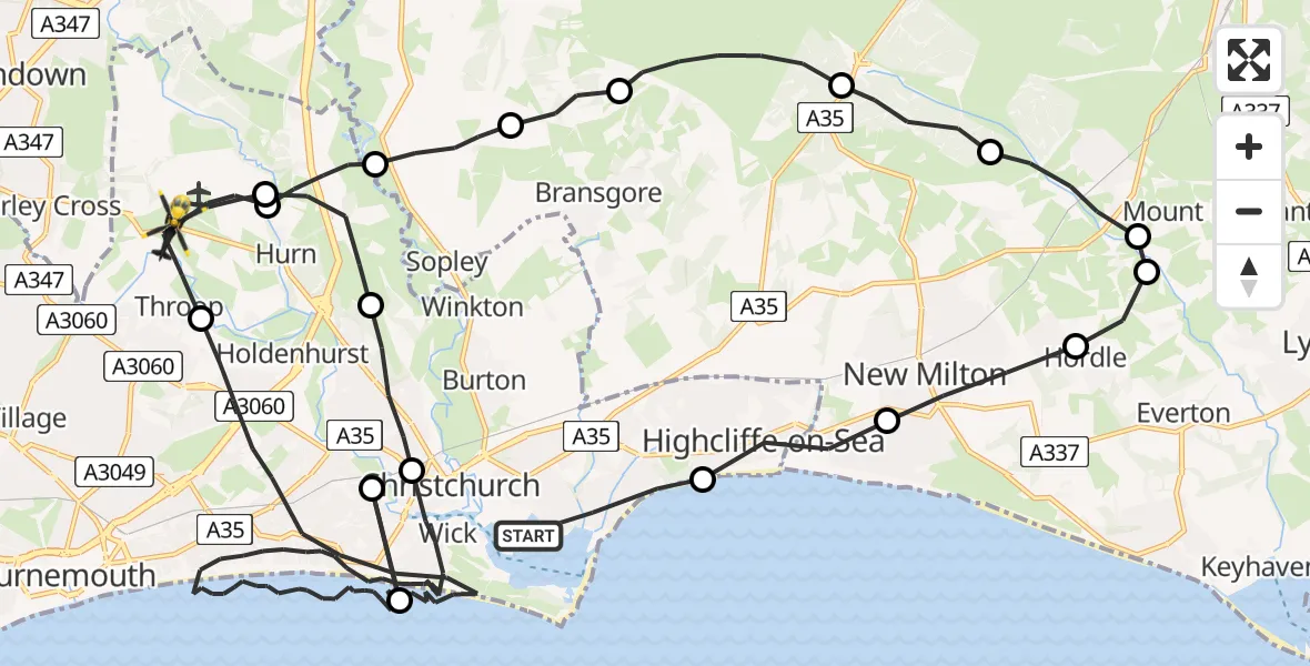 Flight route Police Helicopter Christchurch - Bournemouth Airport, 20 May 2026, 19:15