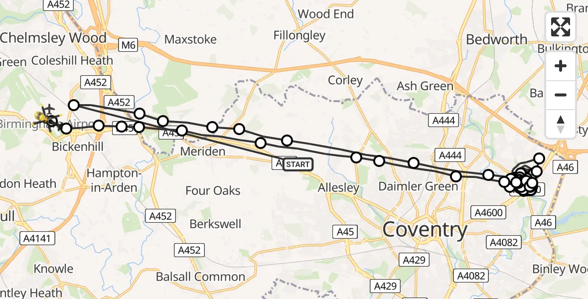 Flight route Police Helicopter Allesley - Birmingham Airport, 20 May 2026, 19:15