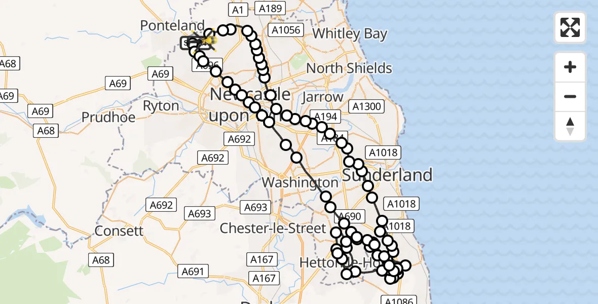 Flight route Police Helicopter Newcastle International Airport - Newcastle International Airport, 20 May 2026, 19:16