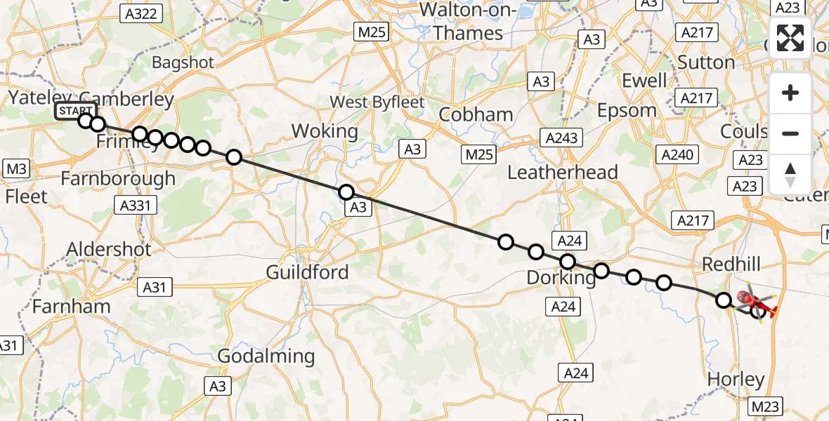 Flight route Air Ambulance Helicopter Frogmore - Redhill Aerodrome, 20 May 2026, 19:18