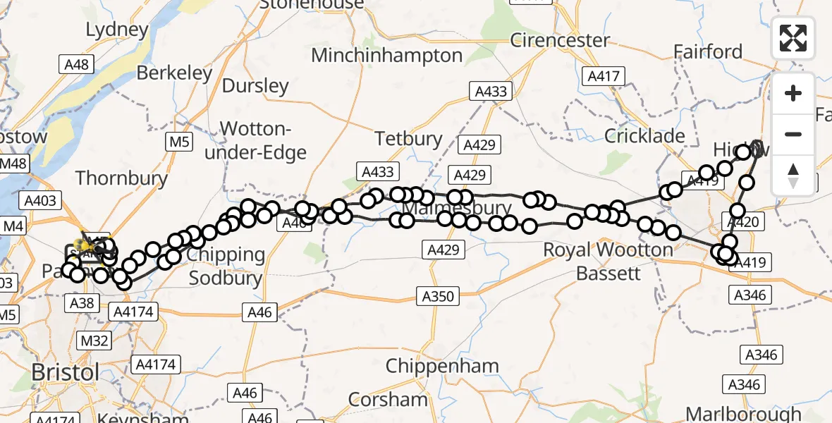 Flight route Police Helicopter Almondsbury - Almondsbury Helicopter Base, 20 May 2026, 19:23